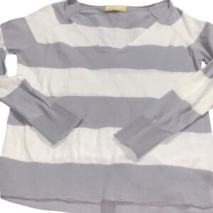 How Very Loved Grey & White Striped Lightweight V- Neck Sweater